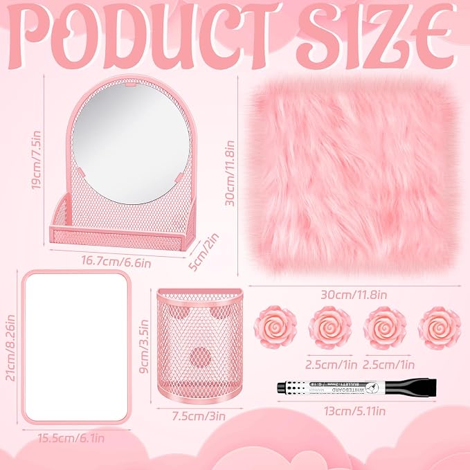 8 Pcs Locker Accessories Kit, Back to School Essentials, Pink Magnetic Mirror, Magnetic Pen Holders, Cute Flower Magnets, Pink Locker Decorations for School Locker Organizing Supplies