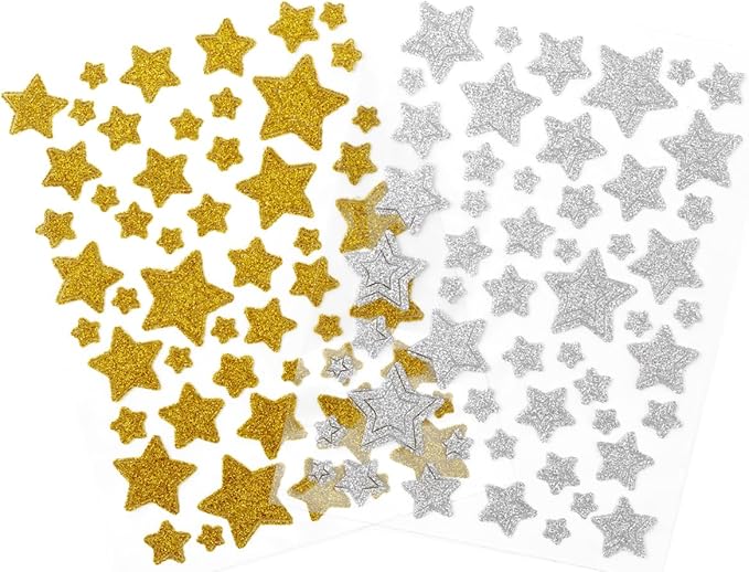 6 Sheets Glitter Star Stickers, Gold Small Stickers Silver Stars Stickers, Kids Crafts Christmas Card Making