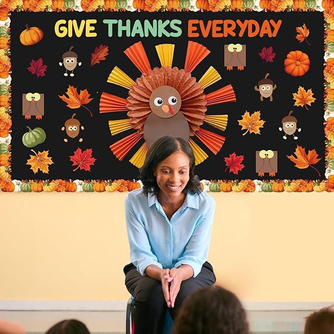 Thanksgiving Turkey Bulletin Board Set Autumn Turkey Bulletin Board Classroom Decoration Fall Maple Leaf Give Thanks Everyday Cutouts for Fall Thanksgiving Classroom School Wall Decor
