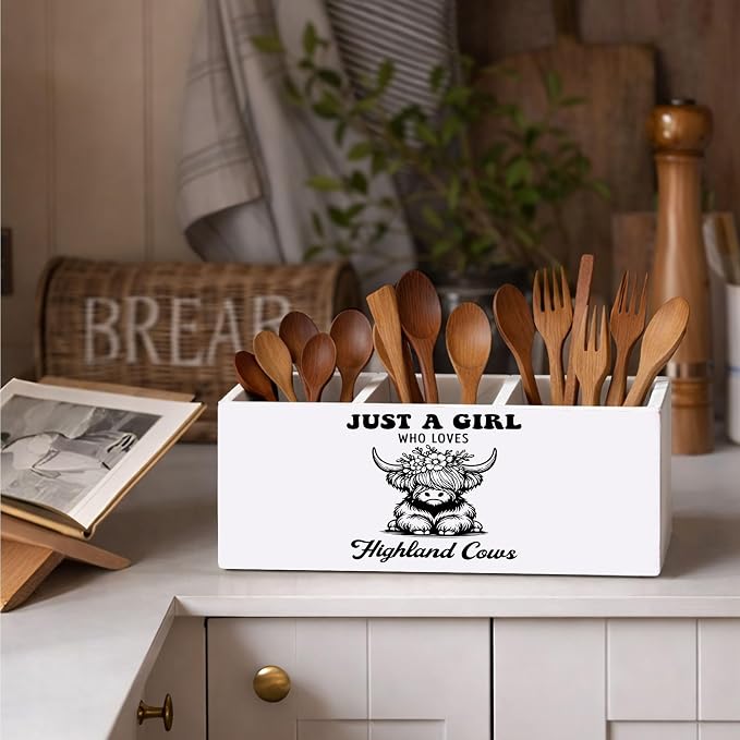 Highland Cow Desk Organizer Wooden Pen Pencil Holder for Desk, 3 Compartments Office Accessories, Just a Girl Who Loves Highland Cows Decor, Highland Cow Gifts for Women Home Office Storage