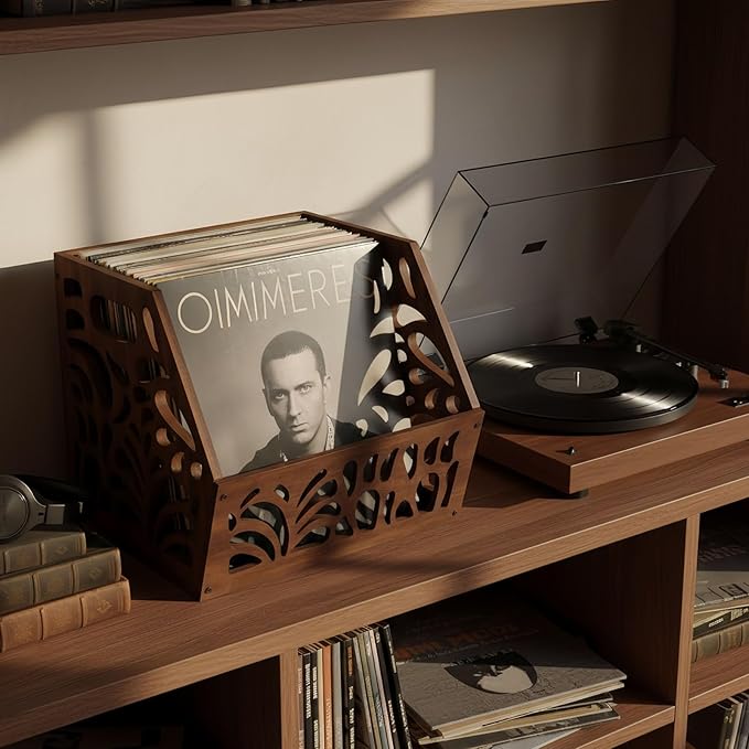 Vintage Vinyl Record Storage, Album Holder Storage 60+ LPs, Classic Vinyl Organizer Cube, Wooden Crate Box for Record Magazine Display (Patent Pending)