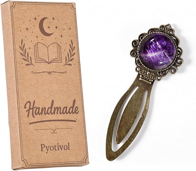 1Pcs Vintage Amethyst Bookmark with Natural Crystal Stone - Fantasy Brass Metal Bookmarks for Reading Women, Men, Book Lovers, Girls and Teachers Book Marks(Amethyst)