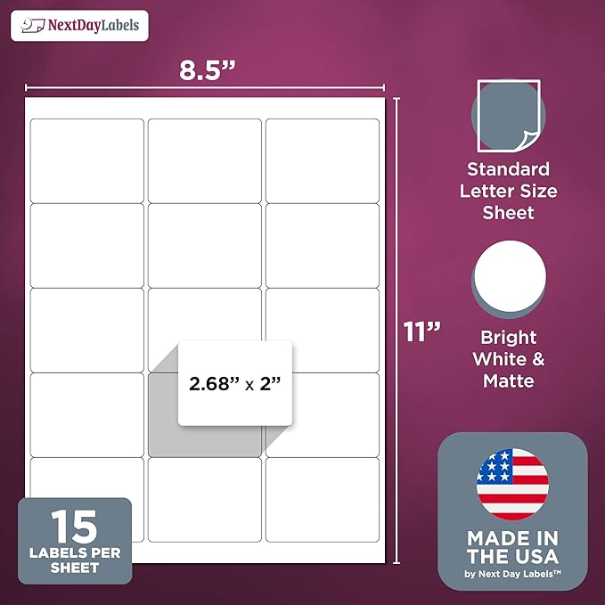 NextDayLabels 2.69x2 Inch Rectangle Stickers White Blank Labels for Laser Inkjet Printer - 15 Per Sheet Self-Adhesive Shipping Name Tags Product Made in USA - 7,500 Labels