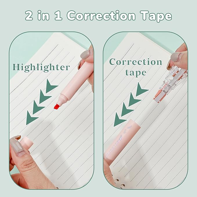 Temiary 3 Pcs 2 In 1 Aesthetic White Correction Tape and Pastel Highlighters Set, Smooth Pull Out Tape with Highlighter Pen for Bible Journaling School, Home, and Office Supplies (Morandi)