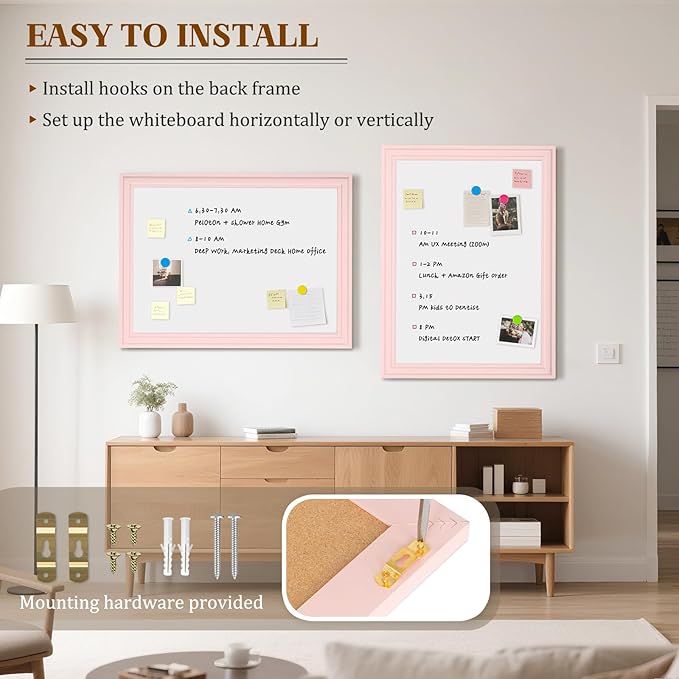 White Board for Wall, 24'' x 18'' Magnetic Dry Erase Board, Decorative Whiteboard with Pink Wooden Frame, Hanging Writing Board for Home Office School Dorm