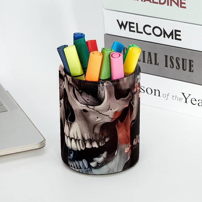 Pen Holder for Desk, Skulls Pink Flowers Retro Art Pattern Leather Pencil Cup for Desk, Round Pencil Holder Desk Organizer for Home, School, Office, Classroom