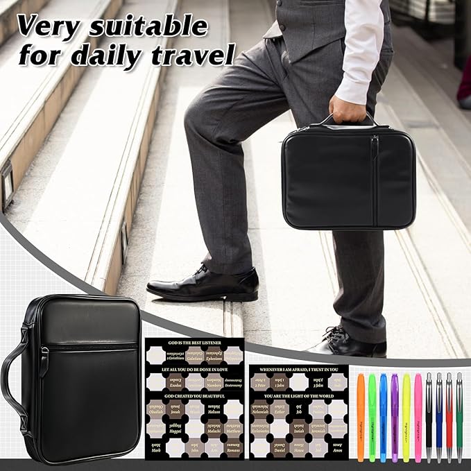 Leather Bible Cover for Men Large Bible Carrying Case with Handle Pockets Bible Book Cover with Highlighters Tabs For Church Prayer Meetings Study Supplies Accessories