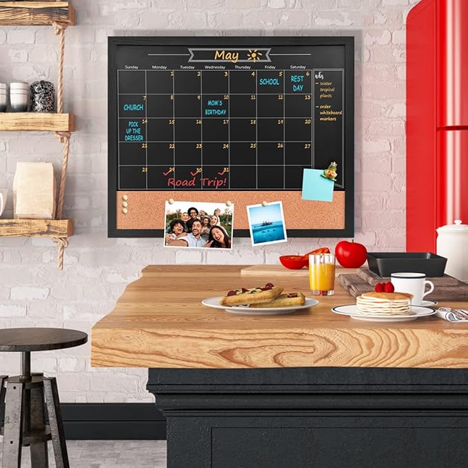 Chalkboard Calendar and Bulletin Combo Board. 18" x 22" Black Wooden Frame，Magnetic Chalkboard.Perfect for Office, Home School Message Board，HBZHB-BK4555-US