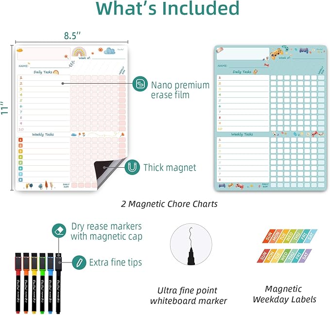 Magnetic Dry Erase Chore Chart - 8.5"x11" Behavior Responsibility Chore Board, Reward Chart for Kids, Teenagers - 6 Extra Fine Point Markers Included - Shipped Flat