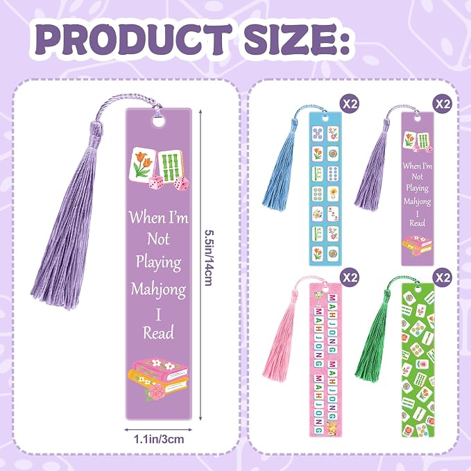 Eaasty 8 Pcs Mahjong Acrylic Bookmarks Bulk with Colorful Tassels Mah Jong Reading Gifts Ideas Accessories for Mahjong Player Valentines Women Teacher Students Book Lovers