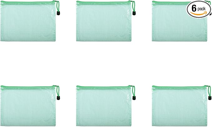6 Pcs 3.74" x 5.31" B8 Sizes Mesh Zipper Pouch Bags, Mesh Bags with Zipper，Waterproof Clear Document Pouch for Organization Puzzles Travel, Office, Classroom Organization, B8 Green