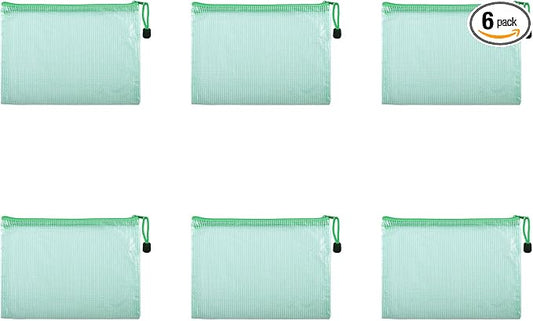 6 Pcs 3.74" x 5.31" B8 Sizes Mesh Zipper Pouch Bags, Mesh Bags with Zipper，Waterproof Clear Document Pouch for Organization Puzzles Travel, Office, Classroom Organization, B8 Green