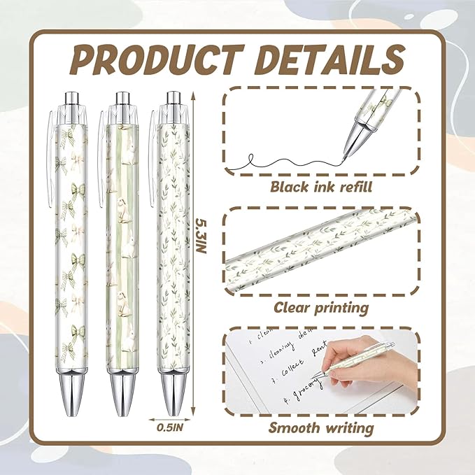 6PCS Spring Pattern Pens Set, Green Bow Reusable Writing Pens, Cute Accessories Items Stationary, Perfect for School, Office Supplies, Party Gifts, Theme Notebooks, Sticky Notes, Desk Decor