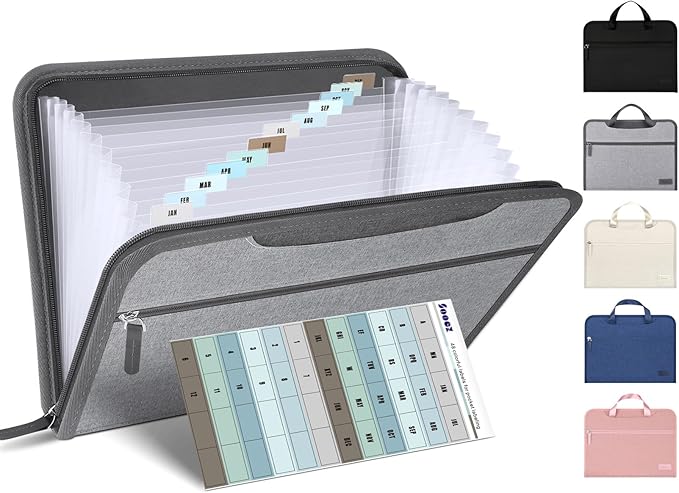 Sooez Heavy Duty Accordion File Organizer with Hidden Handle, Portable 12 Pockets Expanding File Folders, Cloth Monthly Bills Receipt Organizer for Letter/A4, School Classroom Home & Office Supplies