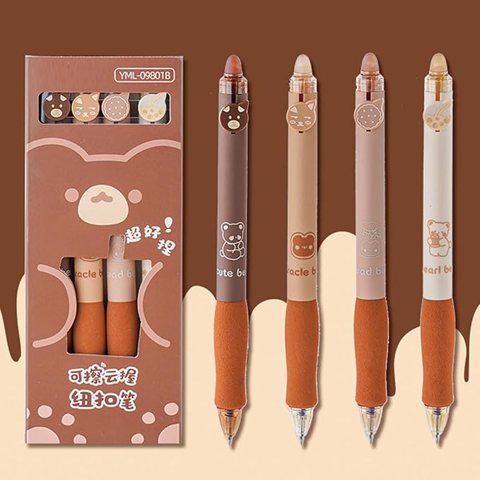 MOZXIRZ 4 Pcs Erasable Gel Ink Pens Retractable Pens Cute Bear Pens 0.5mm Fine Point Pen Office School Supplies Women Pen (Black Ink-Coffee Bear)