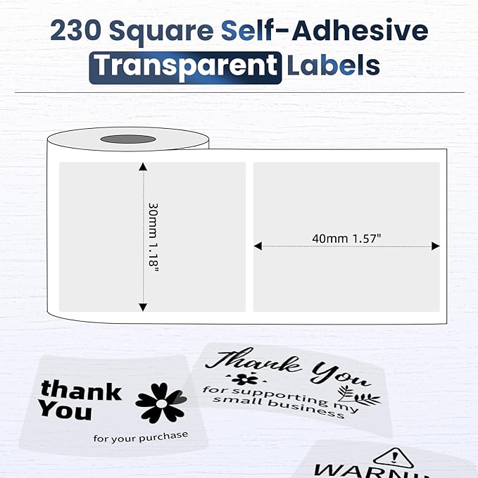 M110 Clear Thermal Label 1.57'' x 1.18'' (40 x 30 mm), Multi-Purpose Adhesive Transparent Thermal Labels Compatible with label maker M110/ M100/ M221/ M120/ M260/M220/M421/241BT/243BT, 230 Labels/Roll