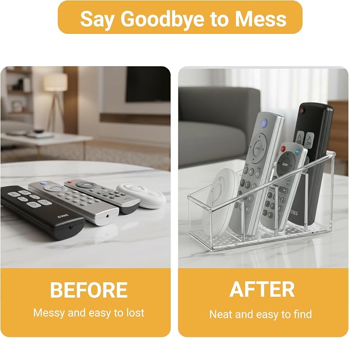 Clear TV Remote Control Holder, PET Remote Caddy with 4 Compartments, Mini Desktop Organizer for Remotes, Pens, Office Desk and Bedside