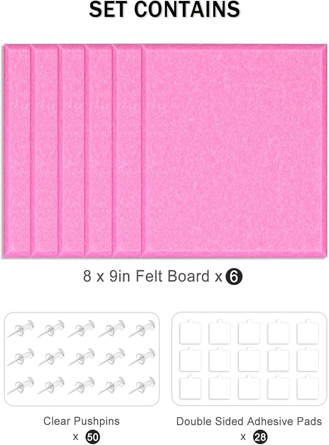 Hsurbtra Cork Board for Wall 24 x 18 Inch, 6 Pack Felt Bulletin Notice Board with Pushpins for Office Home School Farmhouse Wall Decor, Pink