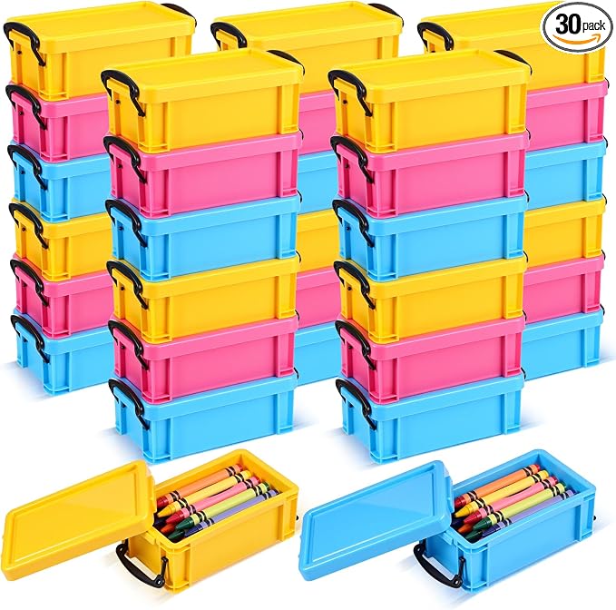 Briwooody 30 Pcs Color Plastic Crayon Box with Lid Color Clear Crayon Organizer Stackable Storage Container Bulk Pastel Holder Case for Office School Classroom Supplies Pen Pencil Art(3 Colors)