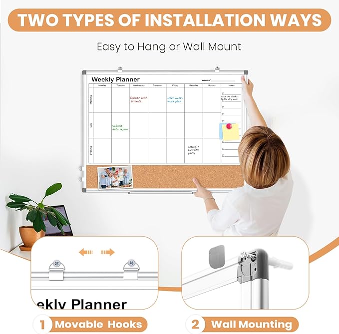 Weekly Dry Erase Calendar Whiteboard for Wall, 24" x 18" Double-Sided Weekly Planner White Board Cork Combo, Hanging & Wall Mount Week Bulletin Board with Notes for Home, Office, School, Kitchen