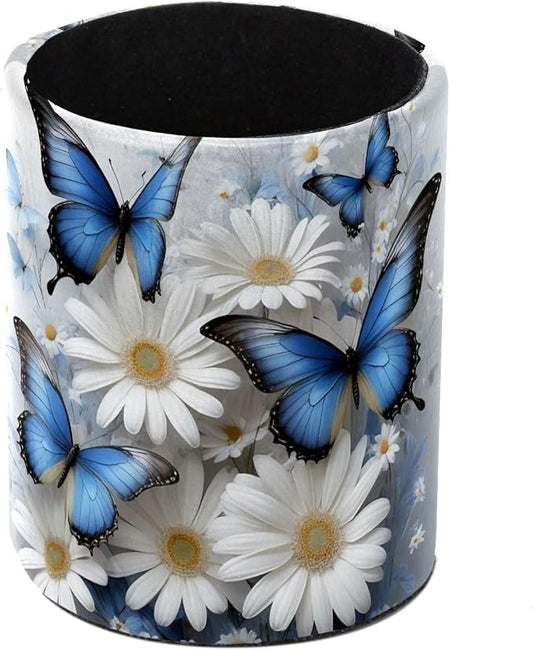 Butterflies and Daisies Leather Pen Holder for Desk, Multifunctional Desktop Organizer Pencil Cup, Desktop Caddy Stationery Organizer for School Home Office Desk Accessories