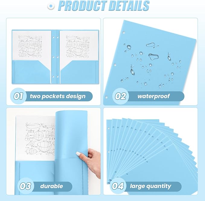 Yeaqee 50 Pcs Plastic Folders with Pockets Bulk 3 Hole Punched 2 Pocket File Folders for 3 Ring Binder Divider Folder for Notebooks, Durable Poly for Office Home (Light Blue)