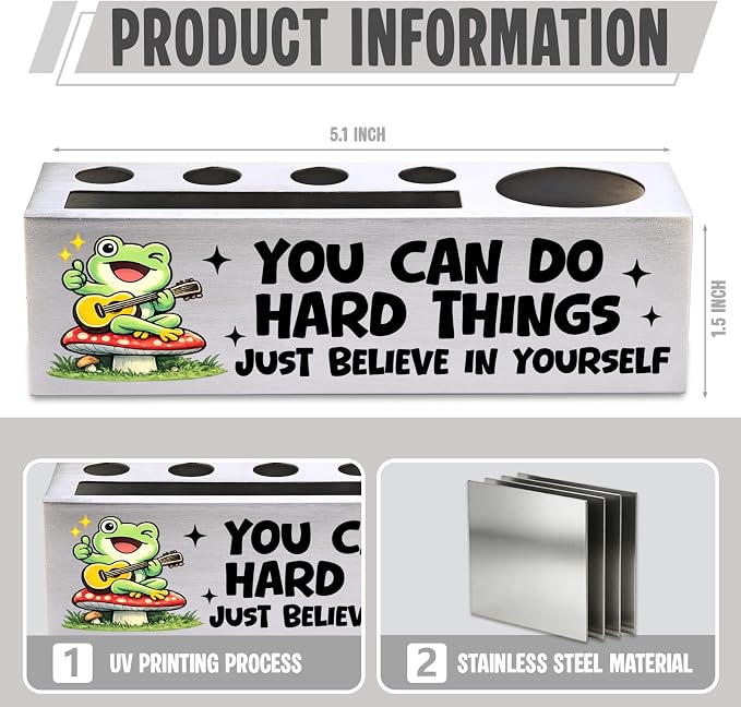 FOKCBOCM Motivational Office Pen Holder with Frog Design, Stainless Steel Desk Organizer Gift for Coworker, Encouragement Workspace Decor, Positive Daily Reminder Desk Accessory-DS119