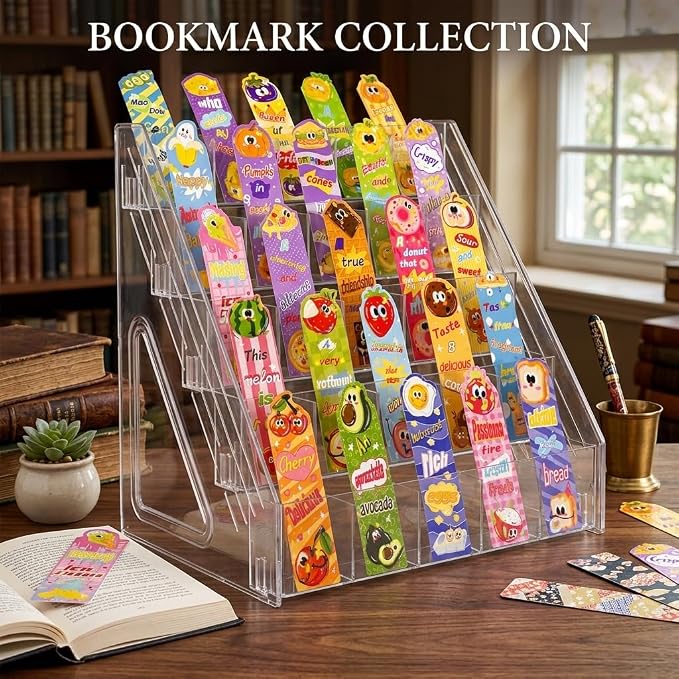 5 Tier Bookmark Display Stand with 25 Pockets, Clear Vendor Display Rack for Bookmarks, Stickers, Greeting Cards, Business Cards, Portable Countertop Organizer for Craft Fairs, Retail Stores, Vendors
