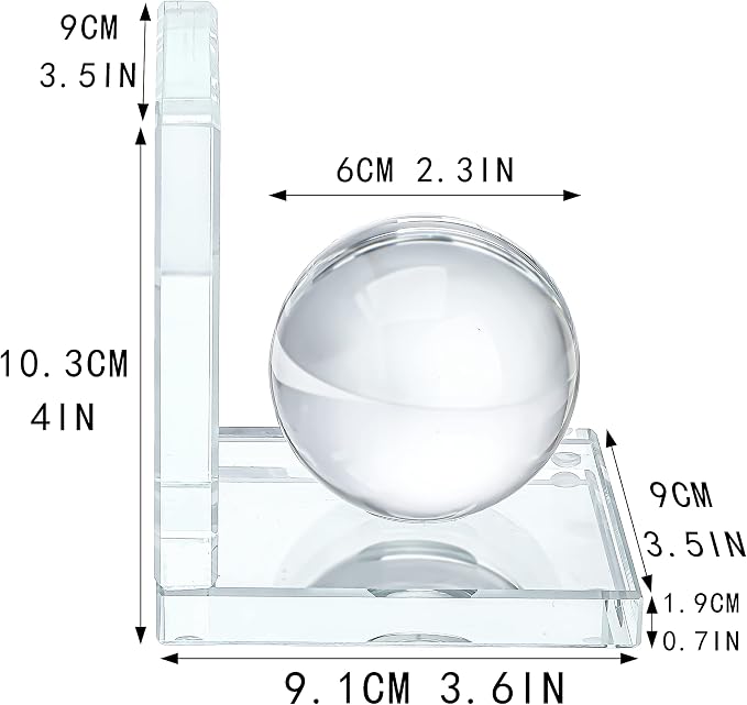 1 Pair Crystal Bookends with Crystal Ball Decorative Ornaments,L Shape Non-Skid Sturdy Book Ends for Heavy Books,Book Holder Stopper for Shelf Office Home (4inch,Clear)
