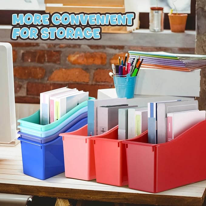 Teling 24 Pcs Plastic Book Bins Bulk for Classroom Interlocking Magazine Holder Organizer Folder Binder Storage Container Box with Name Labels for School Office Home Supply (Retro Earth Tone)