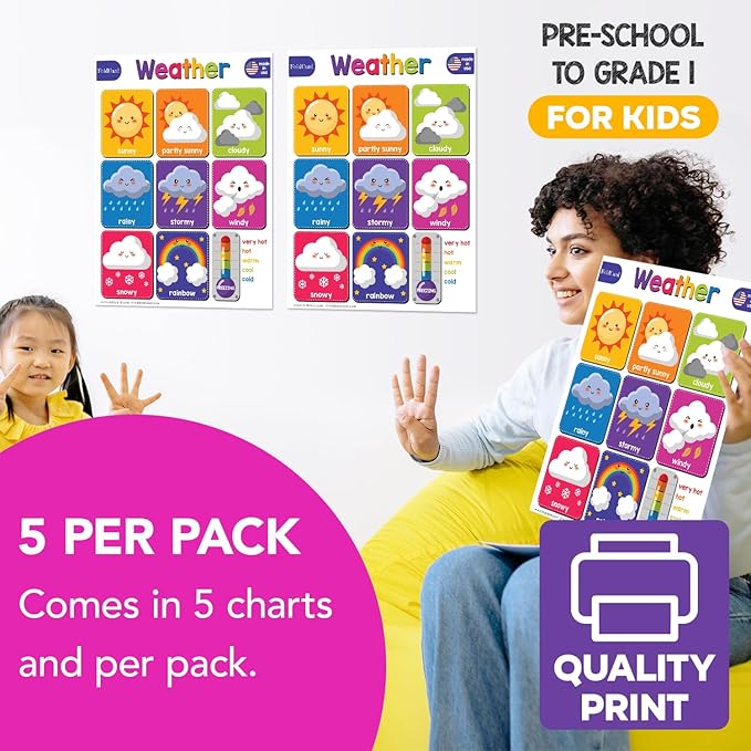 Weather Chart for Preschool to Grade 1 Kids – Bright and Colorful Educational Visual/Learning Aid Poster Decoration for Classroom or Home | Glossy Durable Cardstock | 8.5" x 11" | 5 per Pack