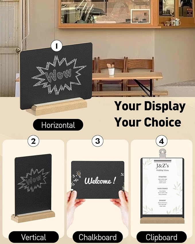 Uniclife 3 Pcs A4 Tabletop Chalkboard Sign with Stand & Chalk Markers, 8.3 x 11.7 Inch, Double-Sided Wooden Chalk Board Sign for Tables, Menu Board for Bar Wedding