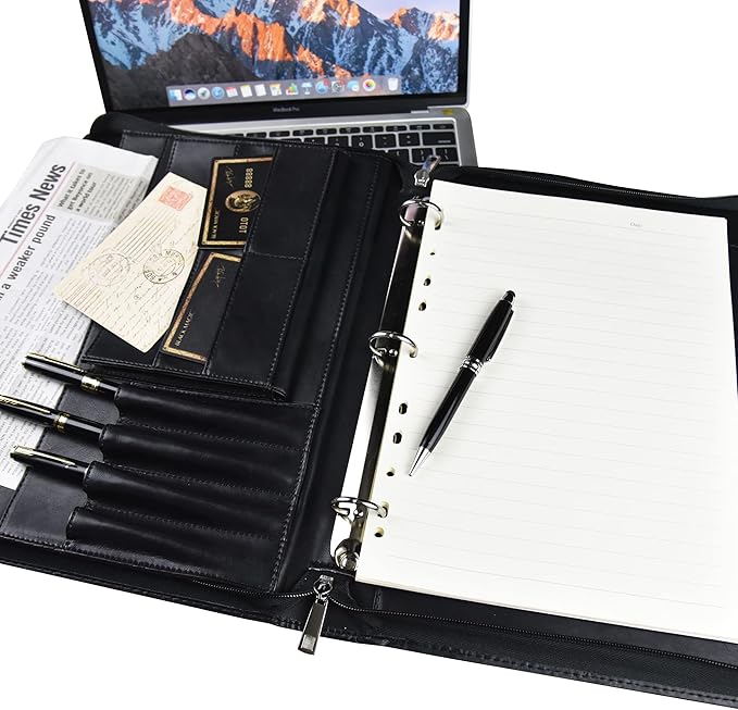AZXCG Padfolio for Men, 3 Ring Binder Portfolio Folder, Vegan Leather, Personalized with A4 Notepad Holder, Business Document Organizer, Black