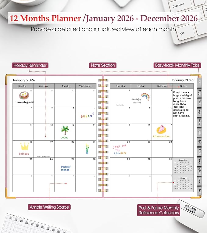 2026 Planner, Weekly and Monthly Calendar Planner from January 2026 - December 2026, 5.75" x 8.38" Hardcover Leather Hourly Appointment Book with Tabs, A5 Spiral Daily Planners for College School Work Home, Light Pink