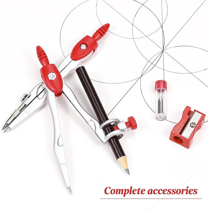 Vobou Math Geometry Kit Sets 10 Piece Student Supplies with Shatterproof Storage Box,Includes Rulers,Protractor,Compass,Eraser,Pencil Sharpener,Lead Refills,Pencil,for Drafting and Drawings（Red）