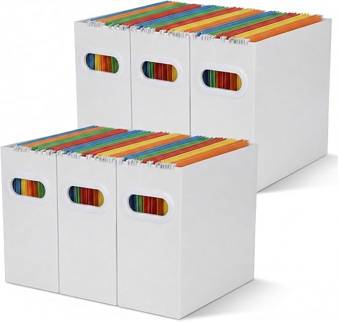 Hanging File Organizer Box, 6 Pack White Cardboard File Folder Holder for Letter Size, Portable Desk Document Storage with Handles, for Office,Home,School