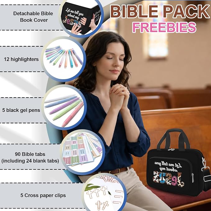 Super Roomy Bible Bag with Cozy Bible Cover, Bible Case with Faith Journaling Kit, Bible Tabs, Adjustable Strap, Pens, Highlighters and Cross Clips for Bible Study, Church and Holy Vibe Gift for Women
