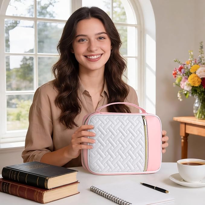Bible Cover Case for Women, Quilted Large PU Leather Bible Carrying Book Case with Handle, Bible Bag Study Supplies Bible Carrier & Christian Gift for Women (Pinkish White)
