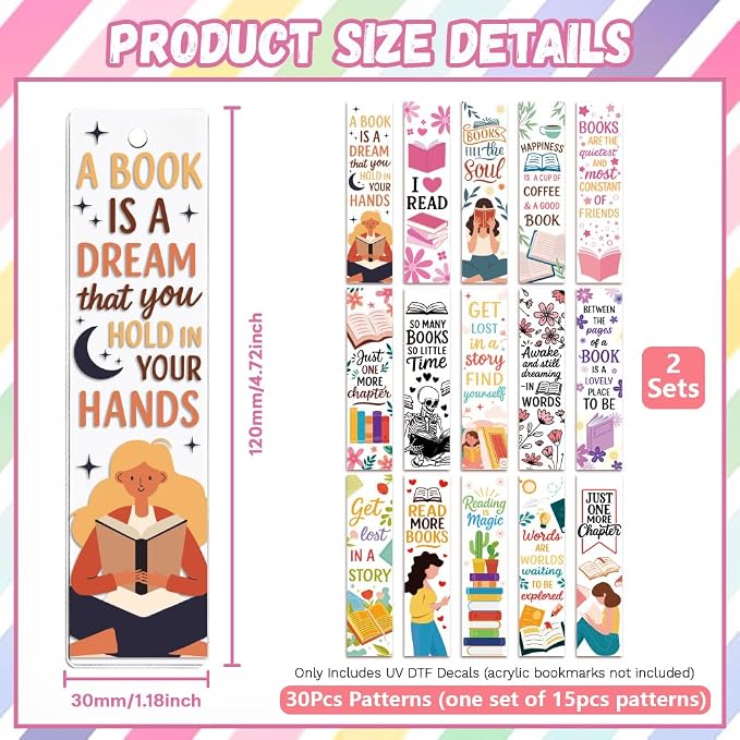 Peacoblue 30pcs UV DTF Bookmarks Transfer Stickers Wraps Reading and Book Lovers for Women Men Reading, Waterproof Bookmarkers Decal(No Blank Bookmarks) for Acrylic Plastic Metal Blank Bookmark