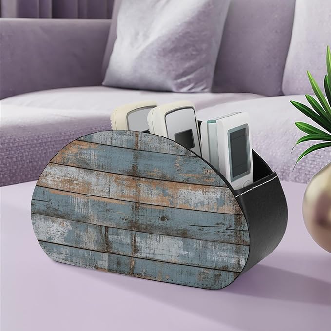 Rustic Weathered Horizontal Planks Wood Remote Control Holder with 5 Compartments Leather TV Remote Caddy Remote Storage Box Desktop Organizer for Pen/TV Remotes/Media Controllers/Office Supplies