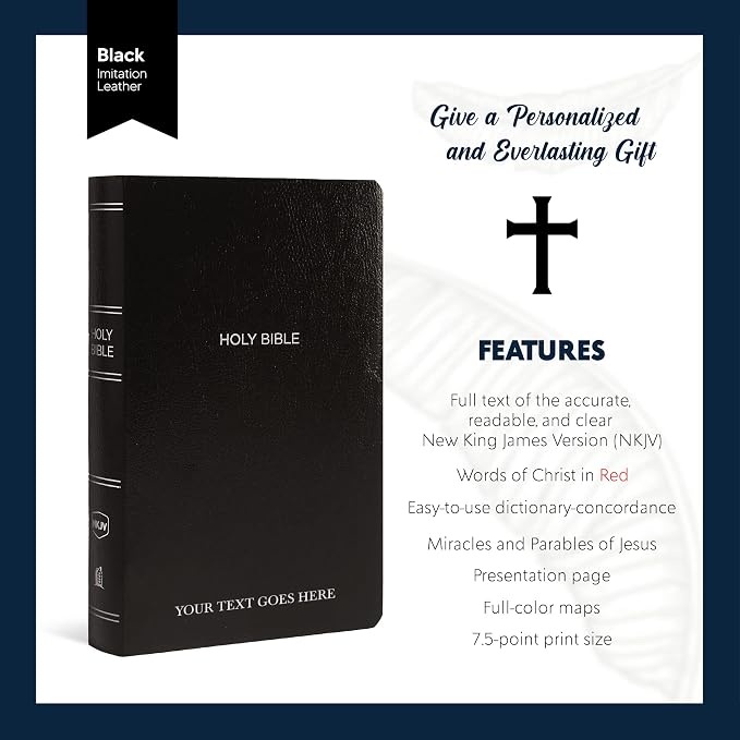 Personalized NKJV Bible New King James Version Faux Leather Small Print Economy Holy Bible with Custom Name at The Lower Right Side, Custom Gift for Christian Religious & Celebrations (Black)