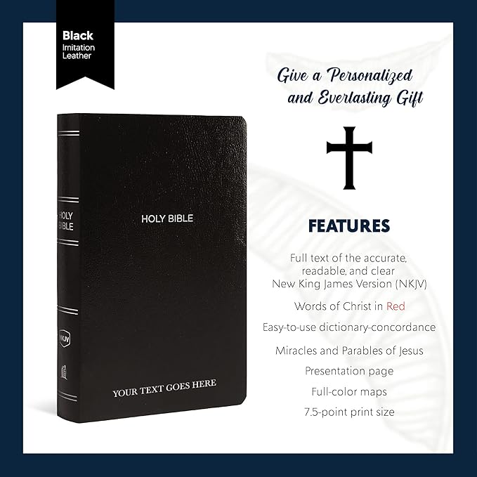 Personalized NKJV Bible New King James Version Faux Leather Small Print Economy Holy Bible with Custom Name at The Lower Right Side, Custom Gift for Christian Religious & Celebrations (Black)
