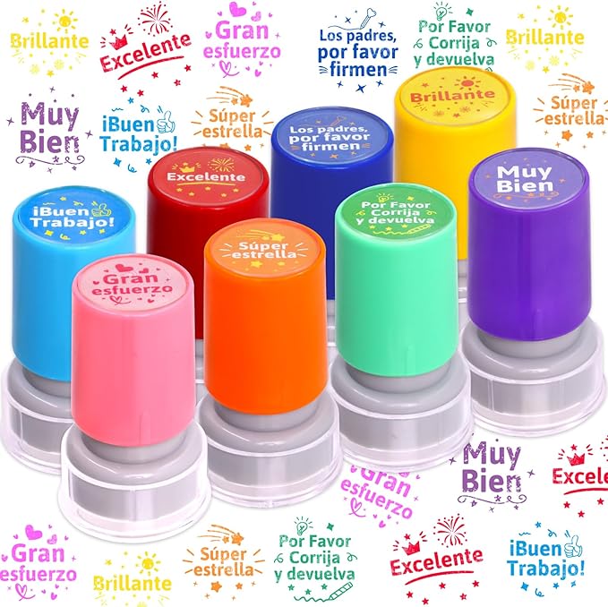 Fancy Land Teacher Stamps Spanish Self Inking Stamp for Classroom Grading Stamps Gift Set Motivation Stampers for Teachers Students Signature Homework Test Reward Supplies School 8pcs