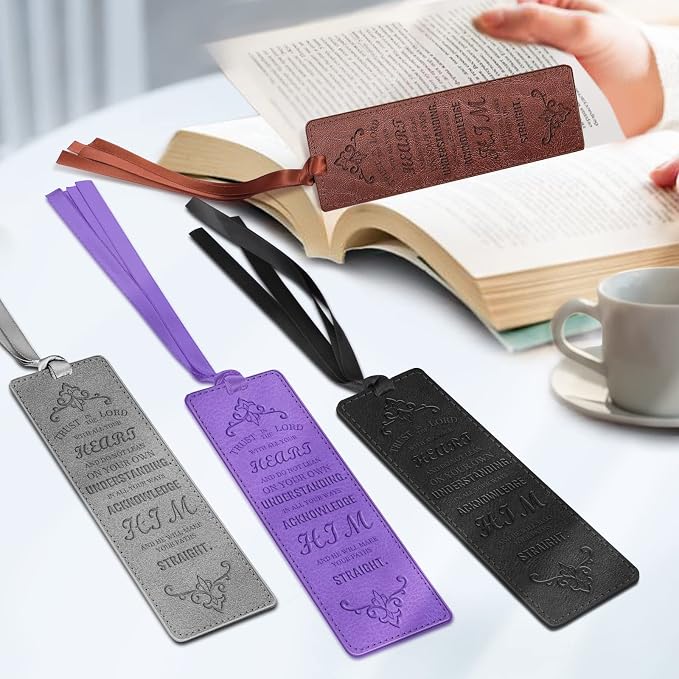 FINPAC Leather Bible Bookmarks, Vegan Religious Bookmarks, Bible Verse Book Markers Church Gifts for Women Men [Trust in The Lord with All Your Heart] - Violet