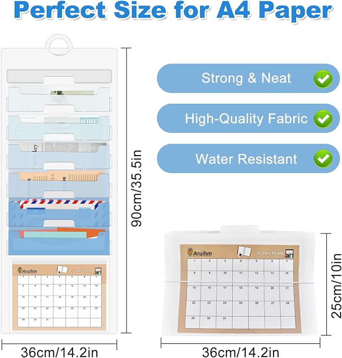 Wall File Organizer 6 Pocket, Hanging Wall File Organiser for Classrooms and Offices, 6 Removable Poly Hanging File Folders