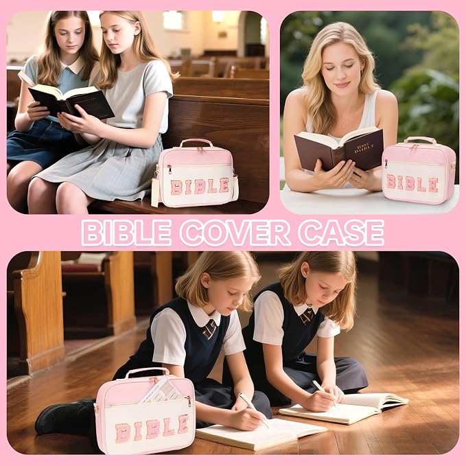 Bible Cover Case for Women Bible Study Supplies Large Preppy Chenille Pink Leather Bible Carrying Tote Bag Letter Bible Case Christmas Christian Gifts for Women Girls (Pink, Large)