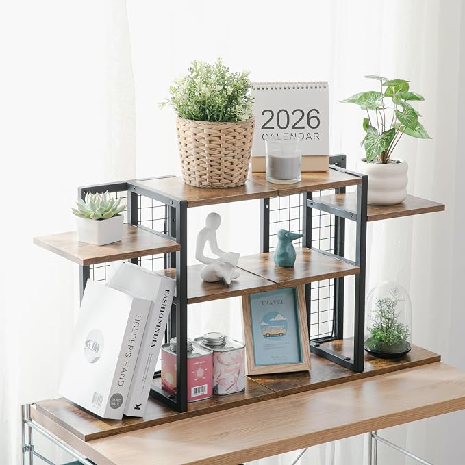 4-Tier Desktop Shelf Organizer, Desk Bookshelf with Wood Shelves and Metal Frame, Space-Saving Tabletop Storage Rack for Books, Decor and Office Supplies, for Home Office or Dorm