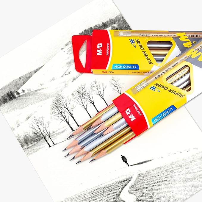 M&G Gleam Series 24 Pack HB Triangular Wood-Cased Pencils, Unsharpened with Matching Erasers, Smooth Writing Break-Resistant Core, Gold and Silver Solid Barrels for School Office Classroom Supplies