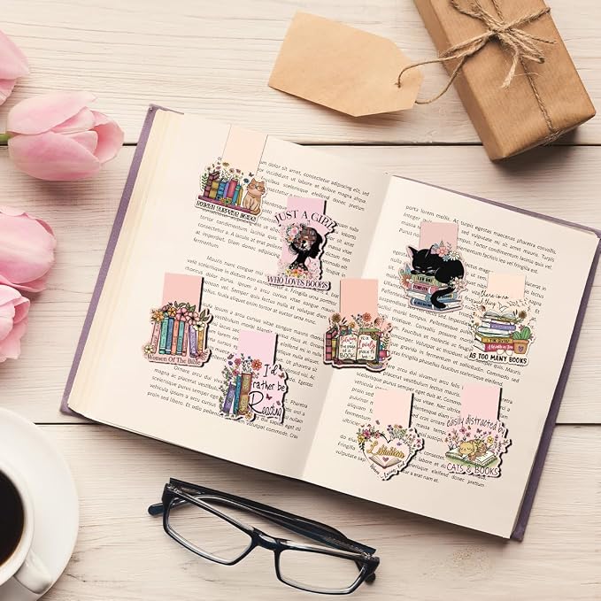 Cute Magnetic Bookmarks Set, 9 Pcs Floral & Cat Magnetic Page Markers for Women Men Readers, Strong Magnet Book Page Clips, Aesthetic Reading Gifts for Book Lovers