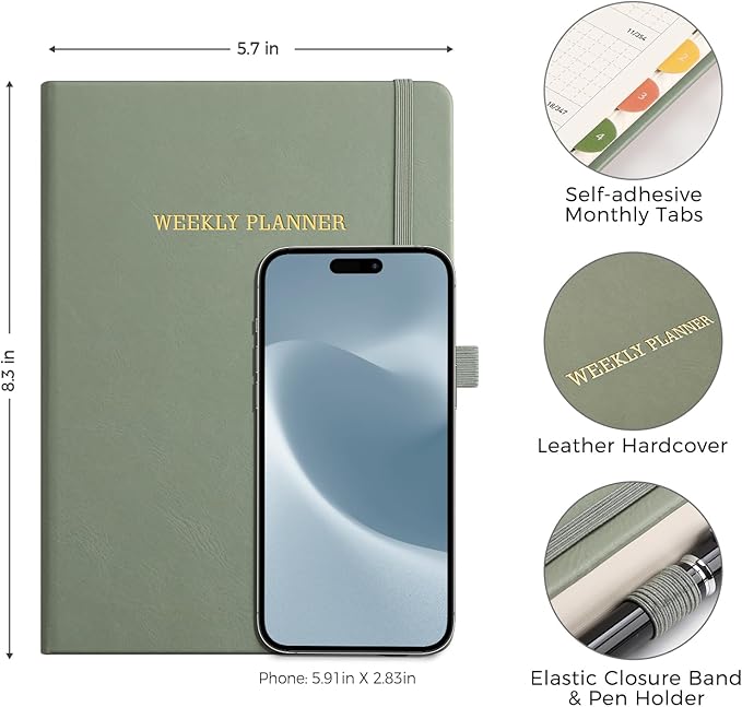 Undated Appointment Book, Hourly, Daily, 52 Weekly & 12 Monthly Planner, 6 AM - 8 PM, Medium Size (5.7" x 8.3"), Leather Hardcover, 12 Self-adhesive Monthly Tabs (Light Green)